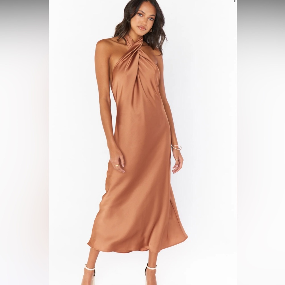 Show Me Your MuMu Jasmine Halter Midi Dress - Copper Luxe Satin